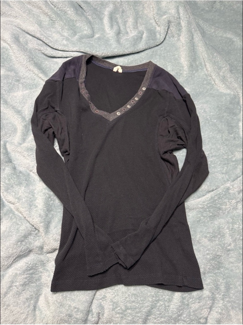 Free People Black Long-Sleeve V-Neck Thermal Top with Button Trim
